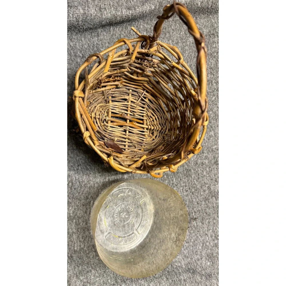 Small Rustic Grapevine Woven Basket w/ Handle and Plastic Liner Brown Farmhouse